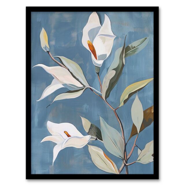 Artery8 Elegant Peace Lily Flower Blooming Soft Floral Framed Art Print in Blue - Size: A4 - image 1