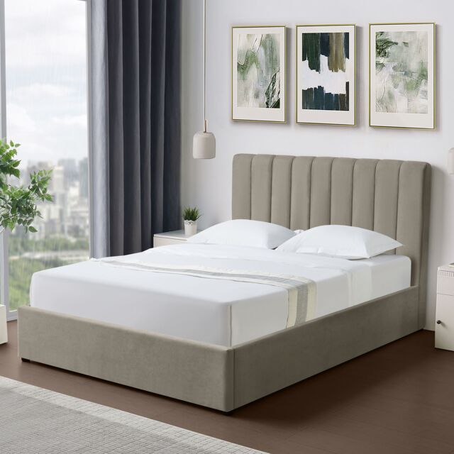 Artemis Home Evelynne Fabric 135cm Double Ottoman Bed Frame with Storage in Light Brown - image 1