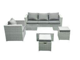 Fimous 6 Seater Rattan Garden Furniture Set with 3 Seater Sofa Chair Square Coffee Table Big Footstool Light Grey Mixed - thumbnail 1