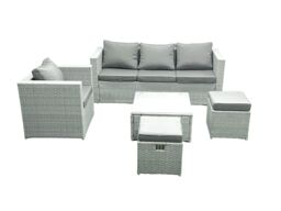 Fimous 6 Seater Rattan Garden Furniture Set with 3 Seater Sofa Chair Square Coffee Table Big Footstool Light Grey Mixed - thumbnail 2