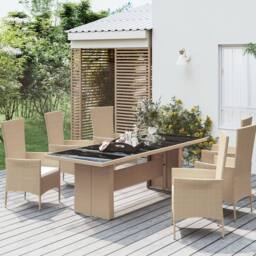 Berkfield Home Garden Table with Glass Top Beige Poly Rattan&Tempered Glass - thumbnail 2