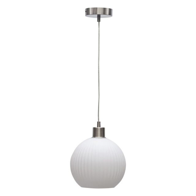 First Choice Lighting Betchley - White Ribbed Glass Globe with Satin Nickel Pendant Fitting - image 1