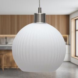 First Choice Lighting Betchley - White Ribbed Glass Globe with Satin Nickel Pendant Fitting - thumbnail 3