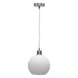 First Choice Lighting Betchley - White Ribbed Glass Globe with Satin Nickel Pendant Fitting - thumbnail 1