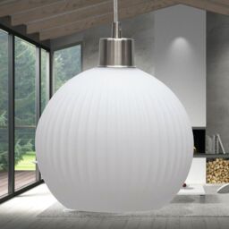 First Choice Lighting Betchley - White Ribbed Glass Globe with Satin Nickel Pendant Fitting - thumbnail 4