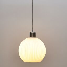 First Choice Lighting Betchley - White Ribbed Glass Globe with Satin Nickel Pendant Fitting - thumbnail 5