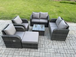 Fimous 7 Seater Rattan Sofa Set Outdoor Garden Furniture Set with Square Coffee Table Loveseat Sofa Reclining Chairs Big Footstool in Dark Grey - thumbnail 1