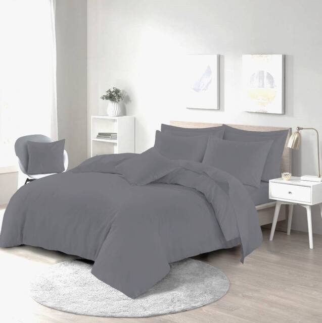 Homes-Linen Plain Dyed Polycotton Duvet Cover Set with Pillowcases in Grey - Size: Single - image 1