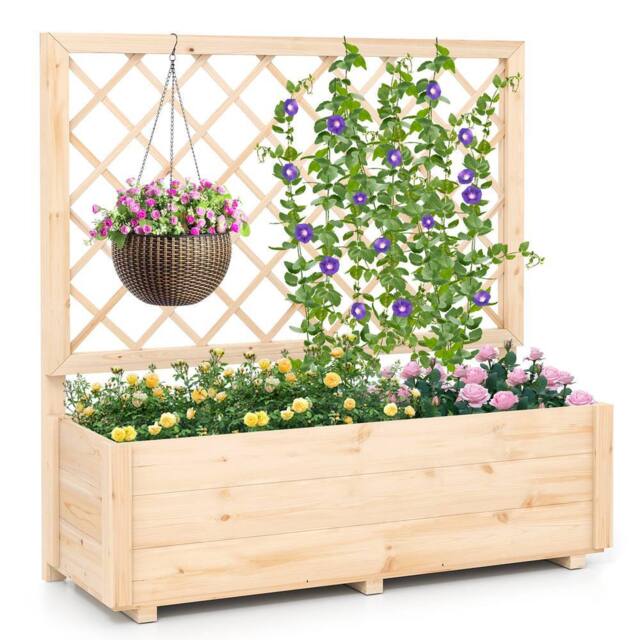 Costway Raised Garden Bed Wooden Elevated Planter Box w/Lattice Trellis in Natural - image 1