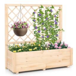 Costway Raised Garden Bed Wooden Elevated Planter Box w/Lattice Trellis in Natural