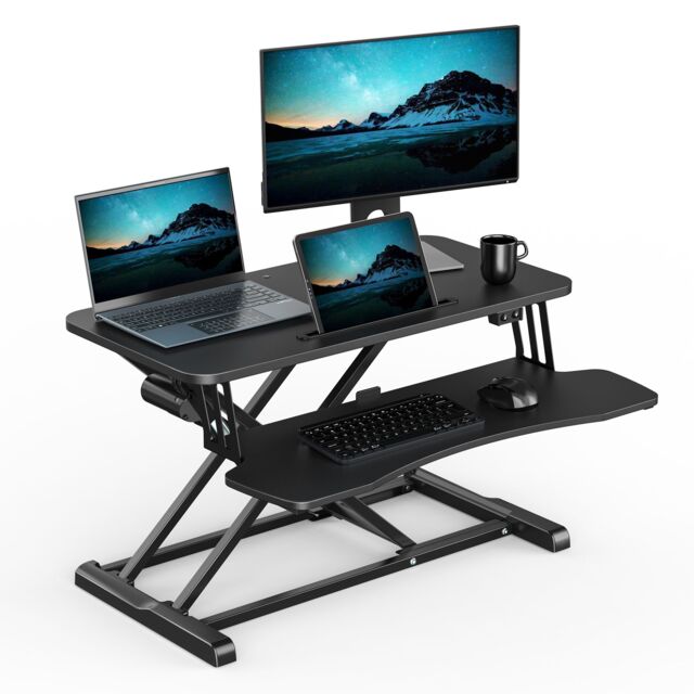 VonHaus Height Adjustable Two Tier Electric Desk Converter with Keyboard Shelf in Black - image 1