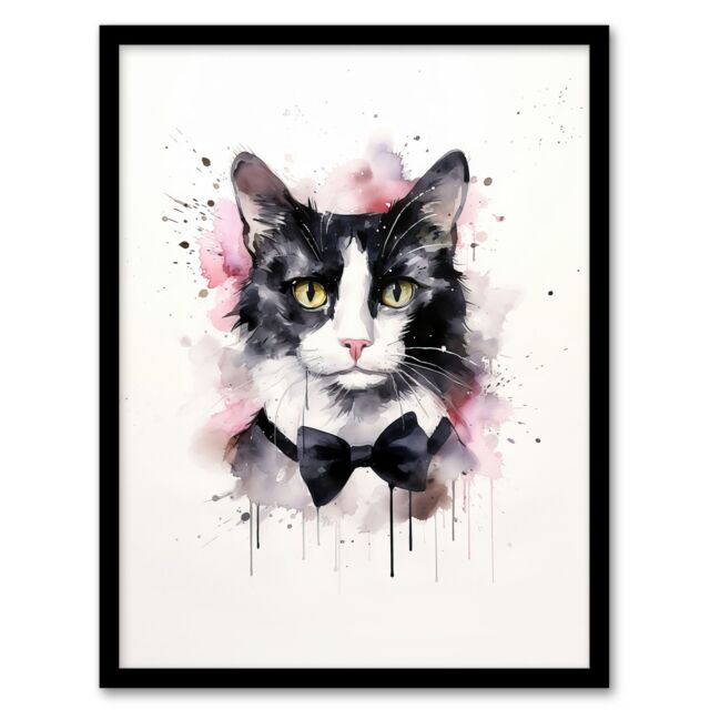 "Artery8 Wall Art Print Tuxedo Cat Lovers Gift Watercolour Pet Portrait Painting Artwork Art Framed - Size: W12"" x H16""" - image 1