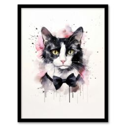 "Artery8 Wall Art Print Tuxedo Cat Lovers Gift Watercolour Pet Portrait Painting Artwork Art Framed - Size: W12"" x H16""" - thumbnail 1