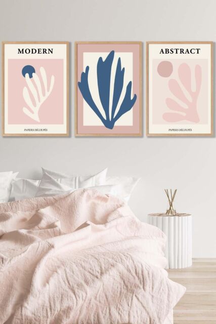 ARTZE Set of 3 Oak Framed Matisse Style Floral Cut Out Navy & Pink Wall Art in Dusty Pink - Size: W33 cm x H45 cm x D20mm - image 1