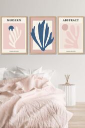ARTZE Set of 3 Oak Framed Matisse Style Floral Cut Out Navy & Pink Wall Art in Dusty Pink - Size: W33 cm x H45 cm x D20mm - thumbnail 1