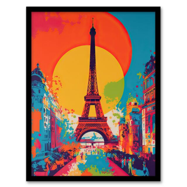 Artery8 Wall Art Print Eiffel Tower Sunset Vibrant Painting Pedestrians Walking To Monument Busy Paris Street Large Sun Art Framed - Size: A4 - image 1