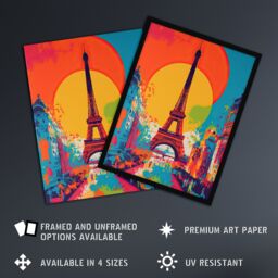 Artery8 Wall Art Print Eiffel Tower Sunset Vibrant Painting Pedestrians Walking To Monument Busy Paris Street Large Sun Art Framed - Size: A4 - thumbnail 2