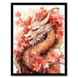 Artery8 Wall Art Print Fantasy Dragon Serpent Horned Floral Pink Orange 2024 China Year Of The Dragon Art Framed in Red - Size: A4 - thumbnail 1