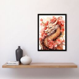 Artery8 Wall Art Print Fantasy Dragon Serpent Horned Floral Pink Orange 2024 China Year Of The Dragon Art Framed in Red - Size: A4 - thumbnail 4