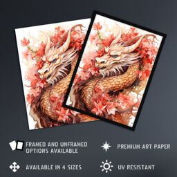 Artery8 Wall Art Print Fantasy Dragon Serpent Horned Floral Pink Orange 2024 China Year Of The Dragon Art Framed in Red - Size: A4 - thumbnail 2
