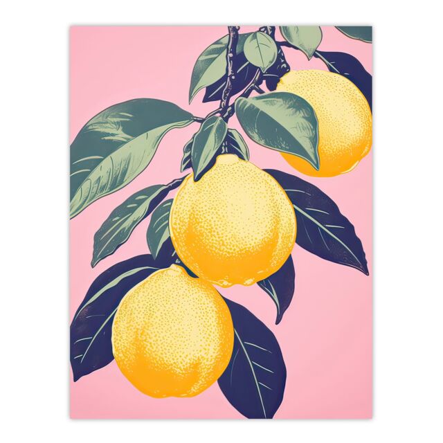 "Artery8 Wall Art Print Lemon Tree Branch Pastel Colour Mauve Pink Green Kitchen Artwork Poster - Size: W18"" x H24""" - image 1