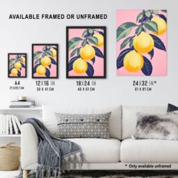 "Artery8 Wall Art Print Lemon Tree Branch Pastel Colour Mauve Pink Green Kitchen Artwork Poster - Size: W18"" x H24""" - thumbnail 3