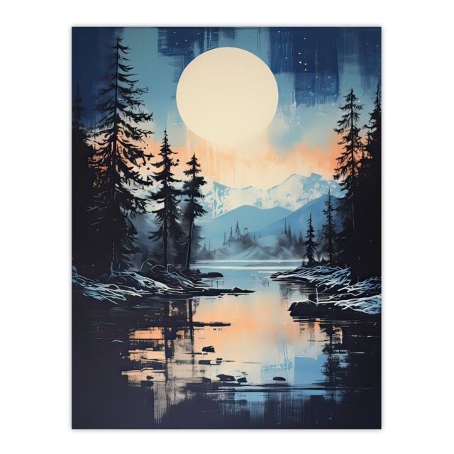 "Artery8 Wall Art Print Magical Forest Lake Sunrise in Blue & Orange Poster Picture - Size: W18"" x H24""" - image 1