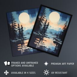 "Artery8 Wall Art Print Magical Forest Lake Sunrise in Blue & Orange Poster Picture - Size: W18"" x H24""" - thumbnail 2