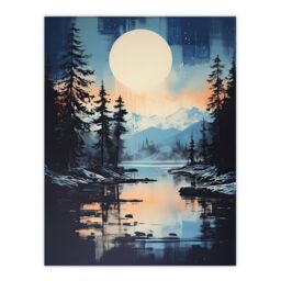 "Artery8 Wall Art Print Magical Forest Lake Sunrise in Blue & Orange Poster Picture - Size: W18"" x H24""" - thumbnail 1