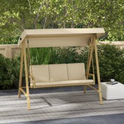 OUTSUNNY 3 Seater Garden Swing Chair with Adjustable Canopy & Cushions in Beige - thumbnail 1