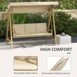 OUTSUNNY 3 Seater Garden Swing Chair with Adjustable Canopy & Cushions in Beige - thumbnail 5