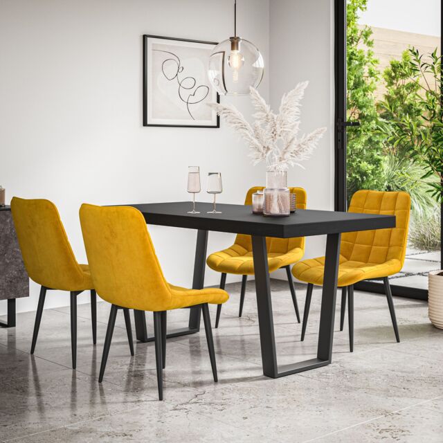 More4Homes Aria Dining Table & Chairs - Black Table Top w Black Legs + Nova Velvet Dining Chair Set Of 6 in Mustard - image 1