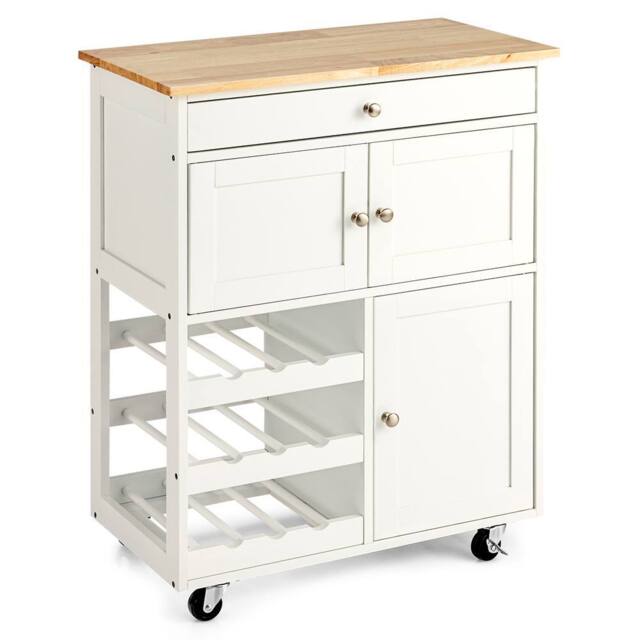 Costway Rolling Kitchen Storage Trolley Cart Cupboard Island Cabinet 3 Tier Wine Rack in White - image 1