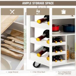 Costway Rolling Kitchen Storage Trolley Cart Cupboard Island Cabinet 3 Tier Wine Rack in White - thumbnail 4