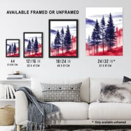 "Artery8 Misty Pine Tree Forest Blue Red Landscape Wall Art Print - Size: W18"" x H24""" - thumbnail 3
