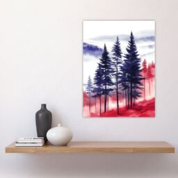 "Artery8 Misty Pine Tree Forest Blue Red Landscape Wall Art Print - Size: W18"" x H24""" - thumbnail 4