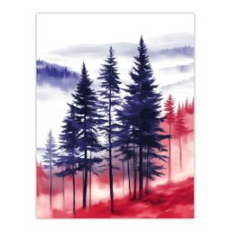 "Artery8 Misty Pine Tree Forest Blue Red Landscape Wall Art Print - Size: W18"" x H24""" - thumbnail 1
