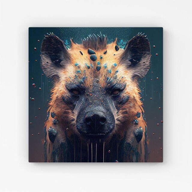 Warren Reed - Designer Hyena Face Splashart Dark Background Canvas in Brown - Size: w10 inch x h10 inch - image 1