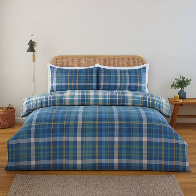 Rapport Home Regalia Check Microfibre Complete Duvet Cover Set with Fitted Sheet in Blue - Size: King - image 1