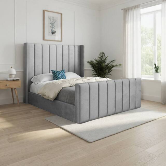 KDMD Sturminster Winged Upholstered Grey Soft Velvet Designer Bed Frame - Size: King - image 1