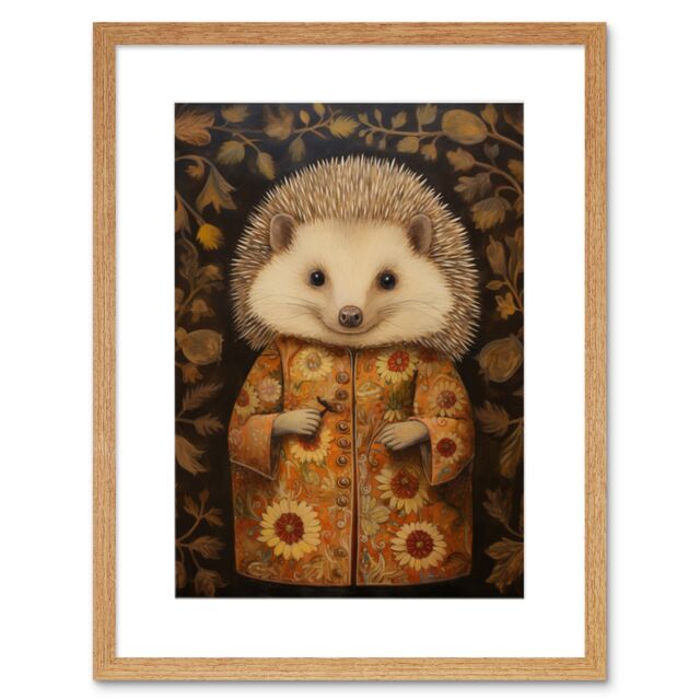 "Artery8 Wall Art Print Autumn Hedgehog in Sunflower Robe Modern Artwork Framed 9X7 Inch in Beige - Size: W7"" x H9""" - image 1