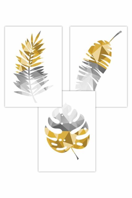 ARTZE Set of 3 Geometric Tropical Leaves In Yellow Grey Art Posters - Size: W50 cm x H70 cm - image 1