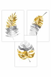 ARTZE Set of 3 Geometric Tropical Leaves In Yellow Grey Art Posters - Size: W50 cm x H70 cm - thumbnail 1