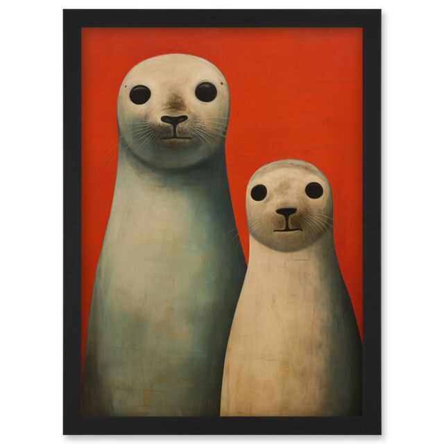 Artery8 Wall Art Print Seal Pups Portrait White Cream On Red Crimson Coral Detailed Oil Painting Artwork Framed A4 in Black - image 1