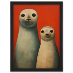 Artery8 Wall Art Print Seal Pups Portrait White Cream On Red Crimson Coral Detailed Oil Painting Artwork Framed A4 in Black - thumbnail 1