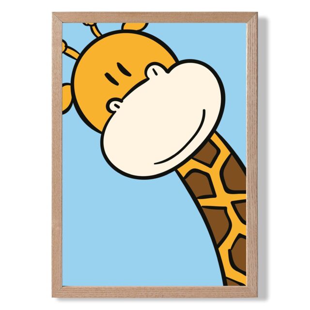 ARTZE Cute Cartoon Style Giraffe Face Framed Print SIZE: A3 with Oak Frame in Brown - Size: A4 - image 1