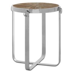 Orsina Boho Side Table With Elm Wood Top, Geometric Interlocking Pattern, Stainless Steel Cross Base in Silver - thumbnail 2