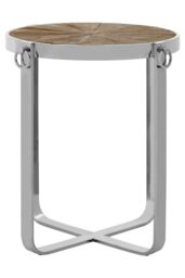Orsina Boho Side Table With Elm Wood Top, Geometric Interlocking Pattern, Stainless Steel Cross Base in Silver - thumbnail 6