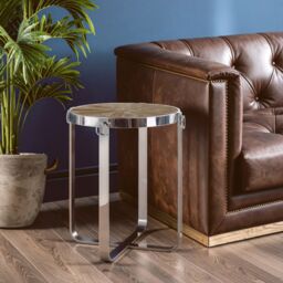 Orsina Boho Side Table With Elm Wood Top, Geometric Interlocking Pattern, Stainless Steel Cross Base in Silver - thumbnail 1
