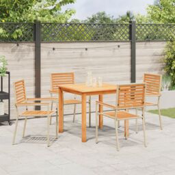 Berkfield Home 5 Piece Garden Dining Set Beige Poly Rattan Acacia - thumbnail 4